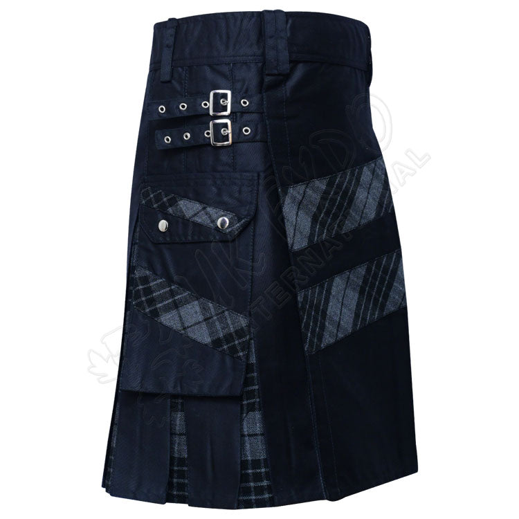 Black Cotton With Night Watch Tartan Hybrid Utility Kilt
