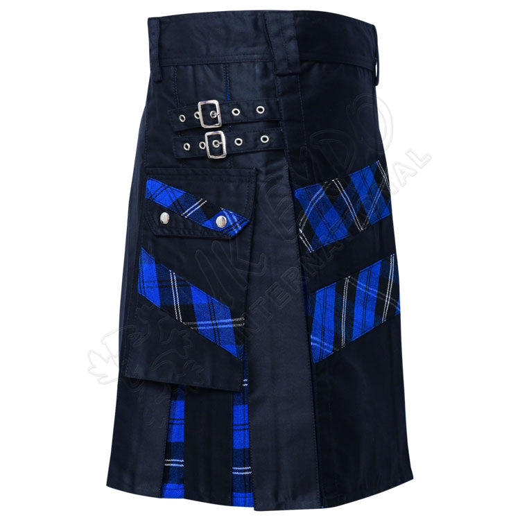 Black Cotton with Ramsey Dark Blue Tartan Hybrid Utility Kilt