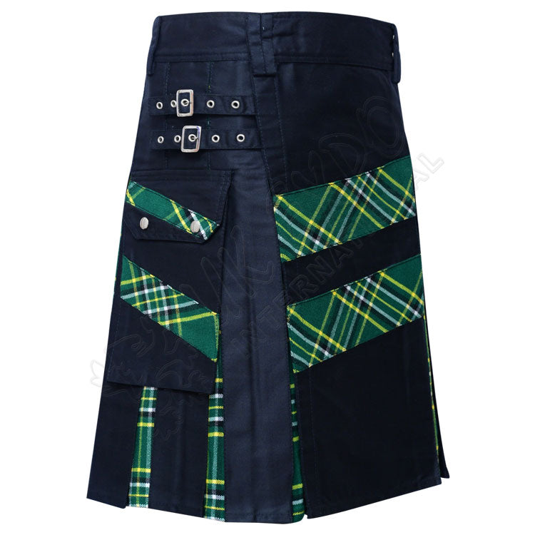 Black Cotton with Slash Irish Tartan Hybrid Utility Kilt