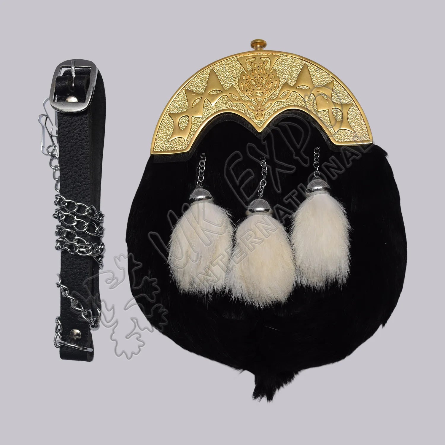 Black Fur Gold Thistle Cantle Full Dress Sporran