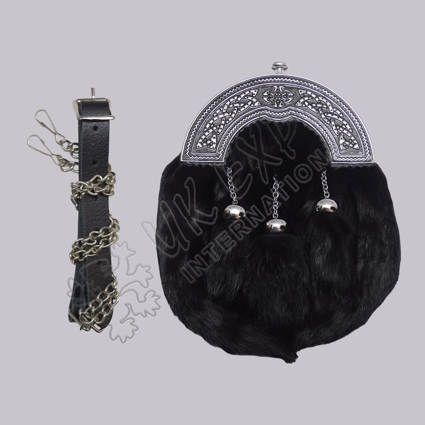 Black Rabbit Fur Chrome Plain Celtic Cantle Sporran