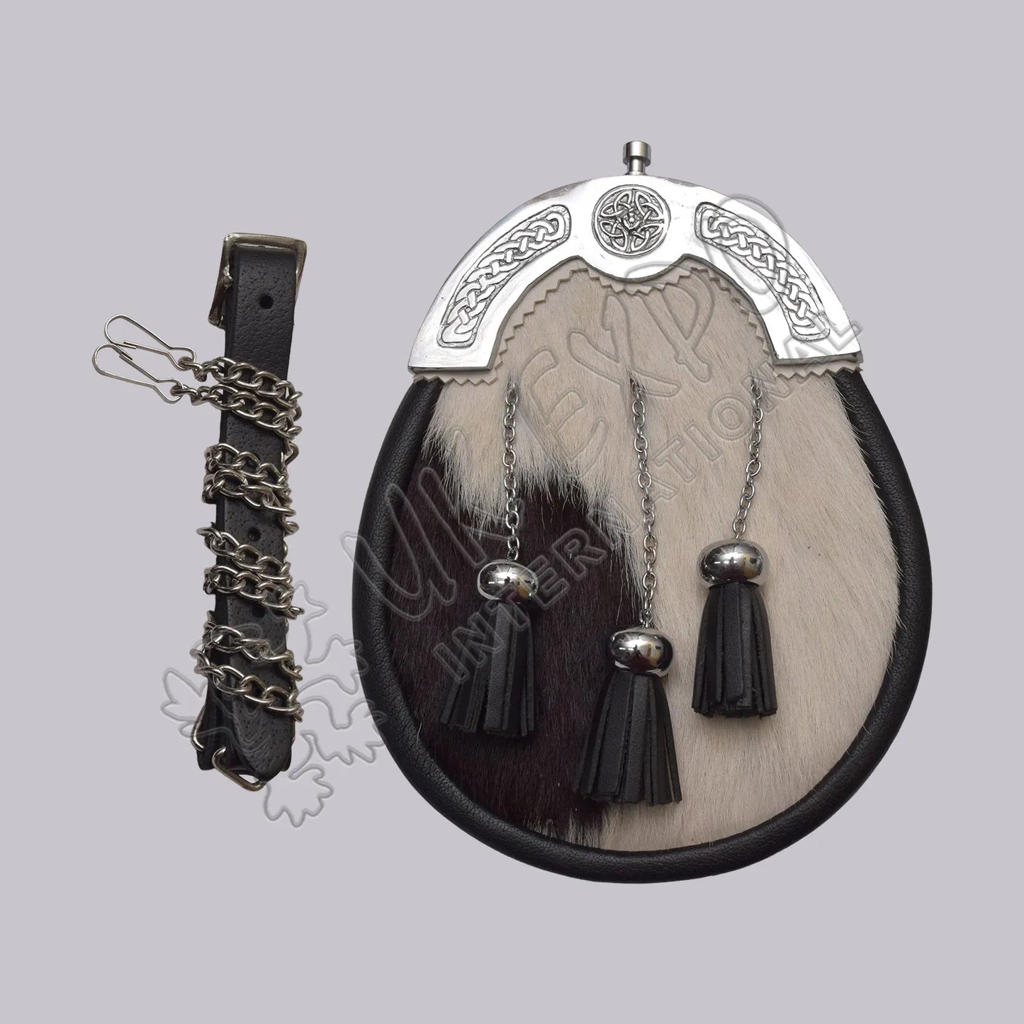Premium Black & White Cowhide Celtic Cantle Full Dress Sporran