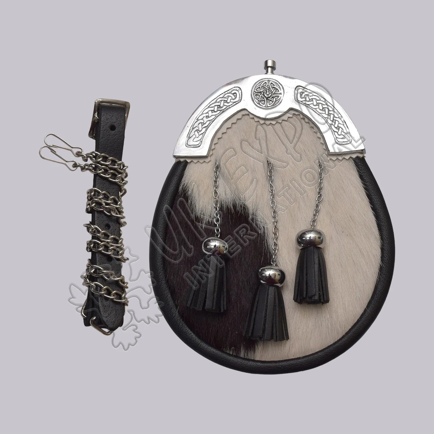 Premium Black & White Cowhide Celtic Cantle Full Dress Sporran