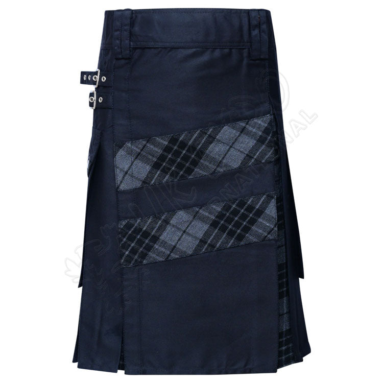 Black Cotton With Night Watch Tartan Hybrid Utility Kilt