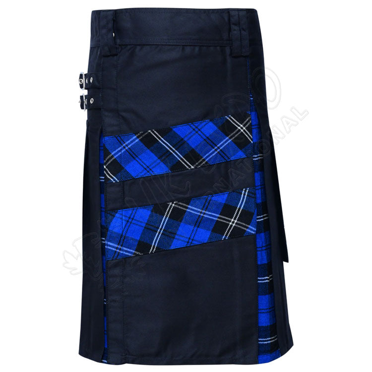 Black Cotton with Ramsey Dark Blue Tartan Hybrid Utility Kilt