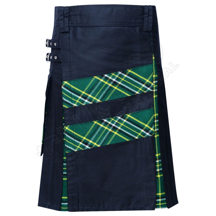Black Cotton with Slash Irish Tartan Hybrid Utility Kilt