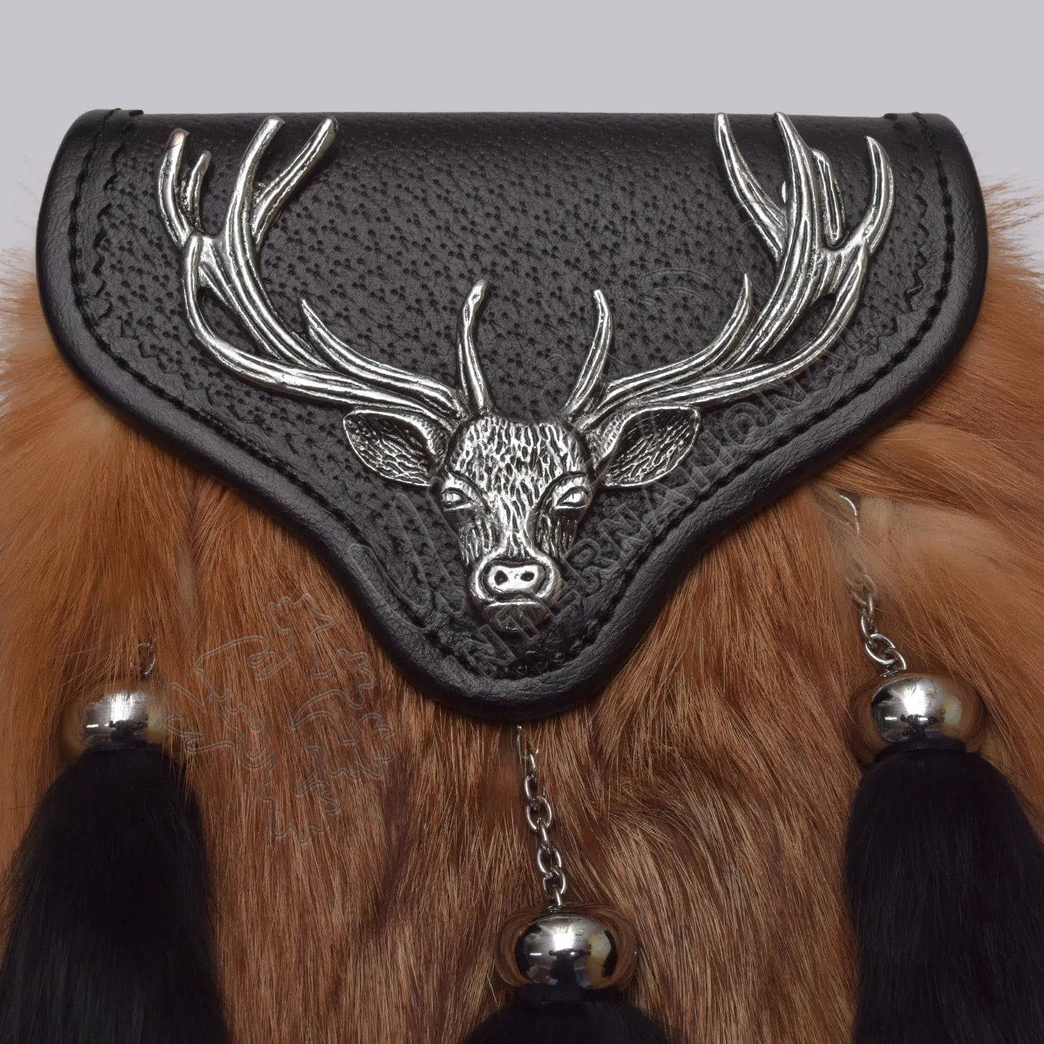 Brown Fur Semi Dress Chrome Stag Head Crest Sporran