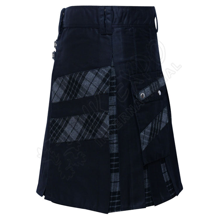 Black Cotton With Night Watch Tartan Hybrid Utility Kilt