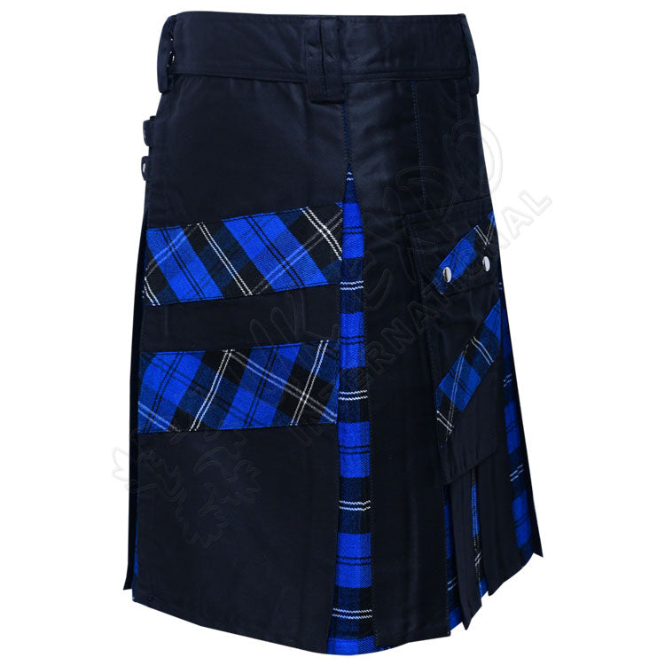 Black Cotton with Ramsey Dark Blue Tartan Hybrid Utility Kilt