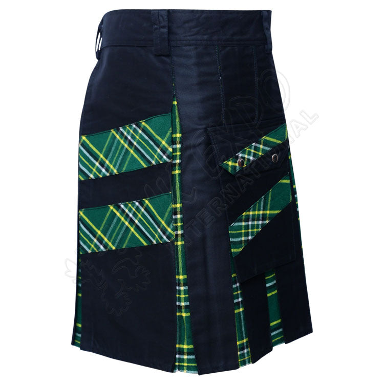 Black Cotton with Slash Irish Tartan Hybrid Utility Kilt