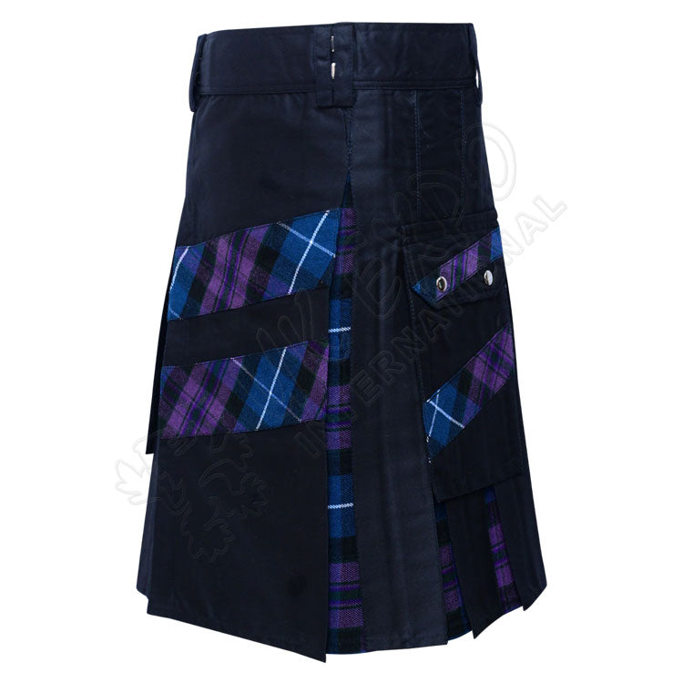 Black Cotton With Pride of Scotland Tartan Utility Kilt