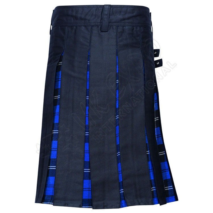 Black Cotton with Ramsey Dark Blue Tartan Hybrid Utility Kilt