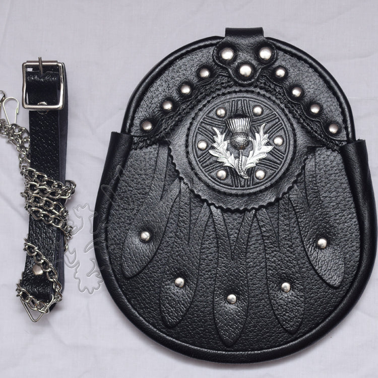Thistle Chrome Studded Black Leather Sporran