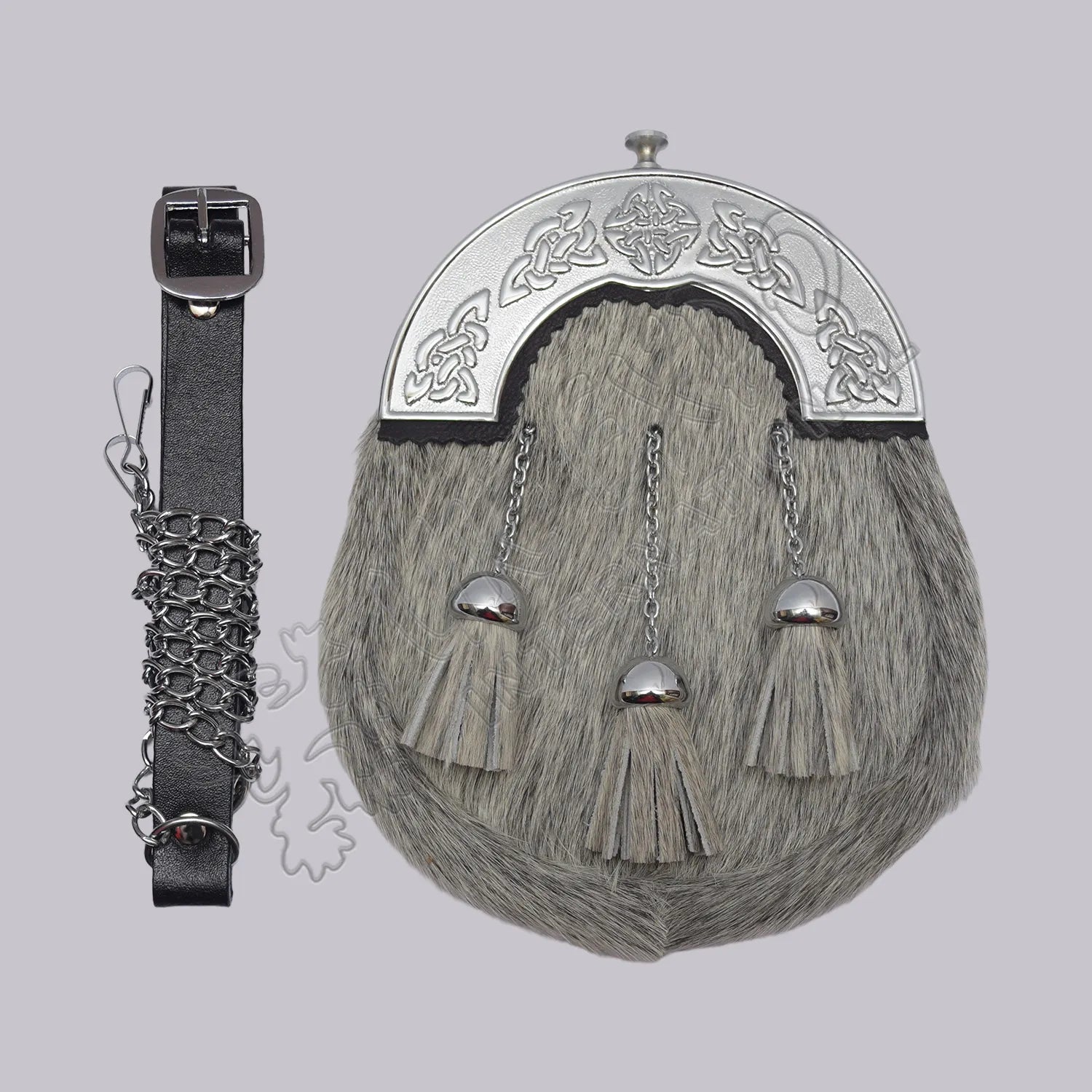 Gray Bovine Celtic Chrome Cantle Full Dress Sporran