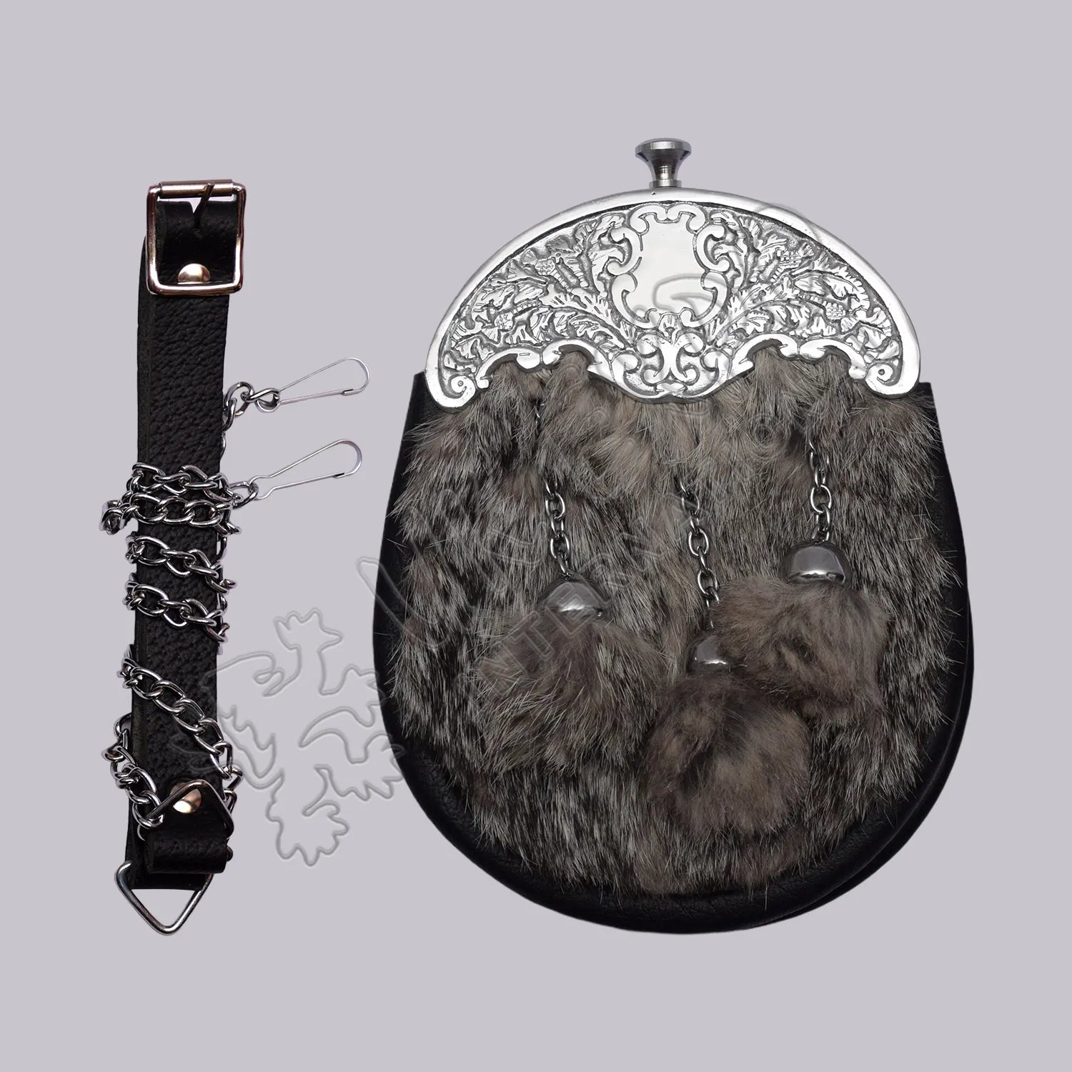 Gray Fur Ornate Chrome Cantle Full Dress Sporran