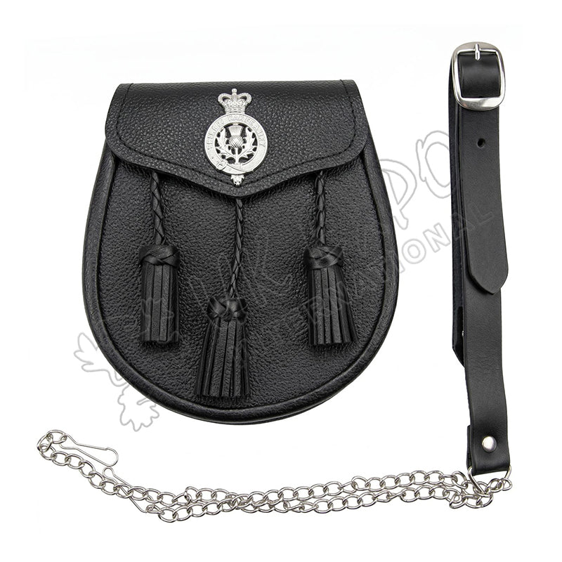 Black Leather Embossed Scottish Thistle Rim Plated Sporran