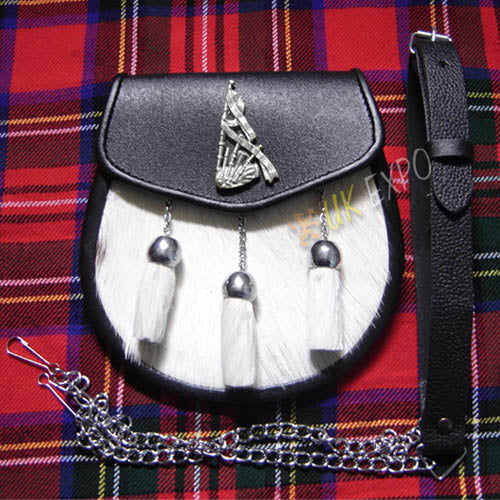 Piper's Honor White Goat Skin Black Leather Sporran