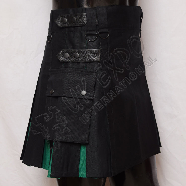 Black And Green Ladies Hybrid Kilt With Pockets