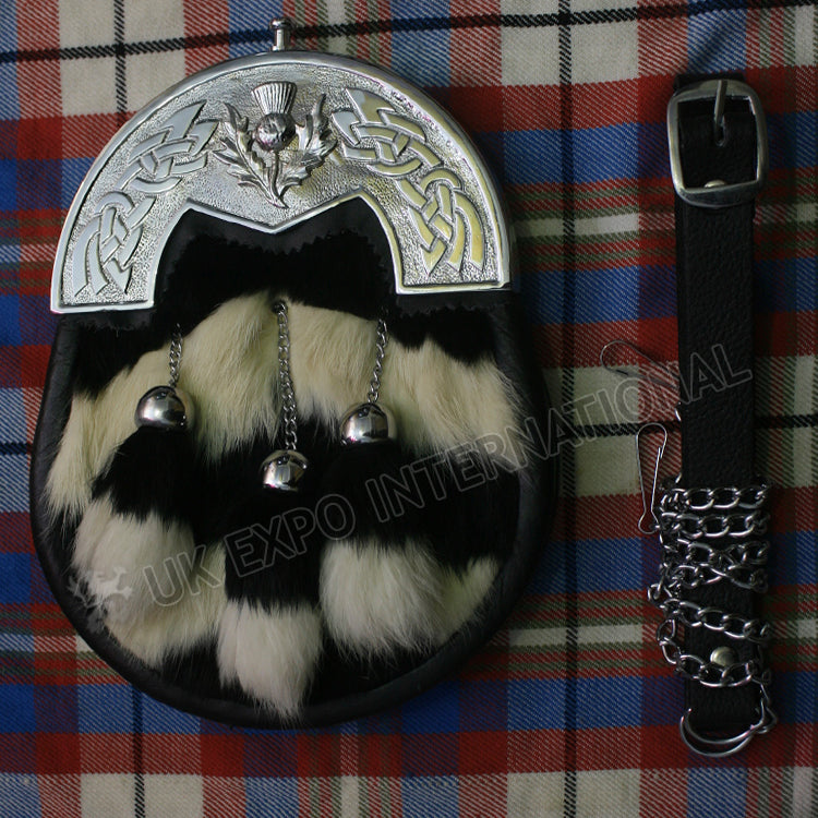 Black Combination White Fur Celtic Sporran