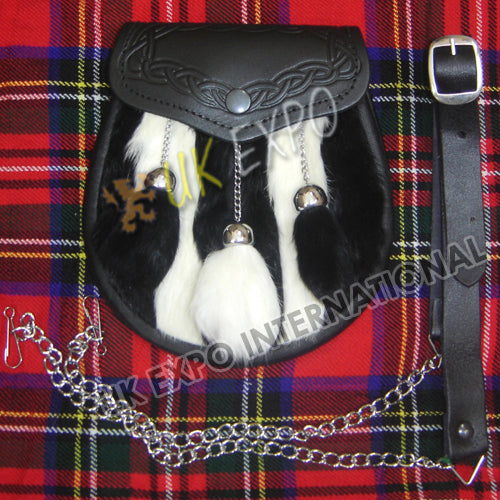 Black & White Rabbit Fur Black Leather Sporran