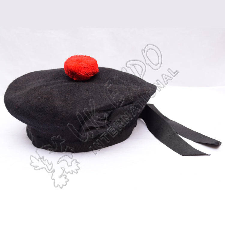 Plain Balmoral Black Hat With Red Pom