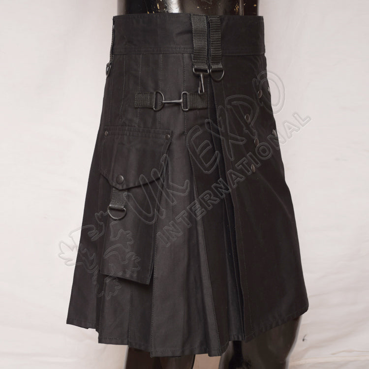 Black Color Sports Casual Cargo Style Utility Kilt