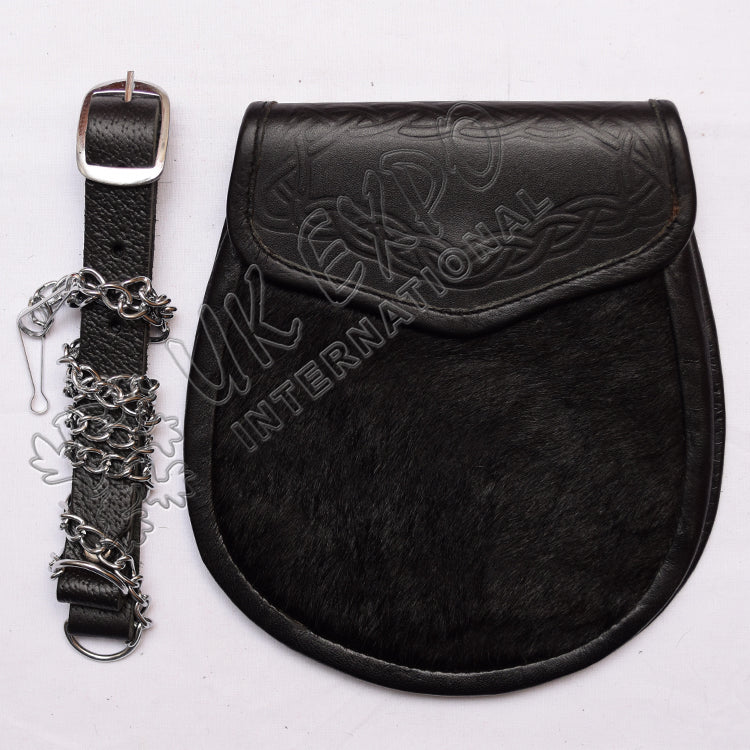 Black Cow Skin Semi-Dress Celtic Embossed Sporran