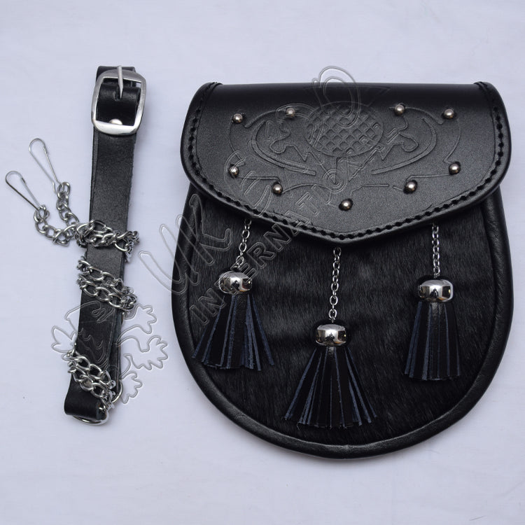 Scottish Flower Embossed Cow Skin Black Leather Sporran