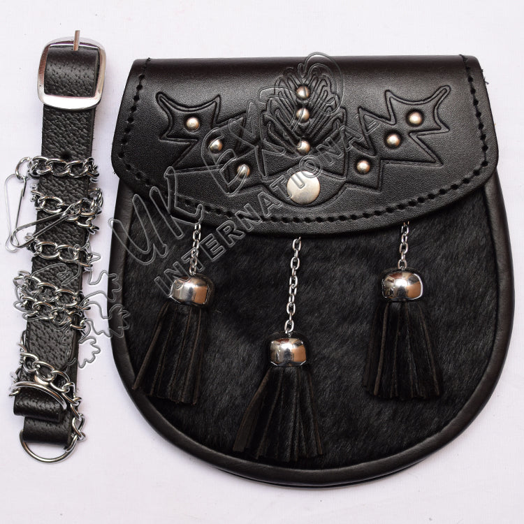 Scottish Flower Embossed Black Leather Seal Skin Sporran