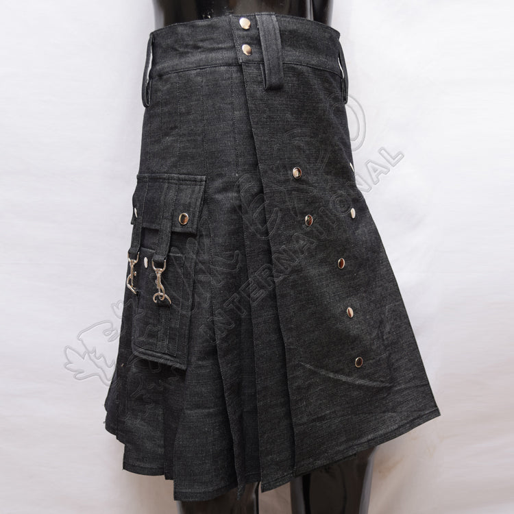 Black Denim Y Style Utility Kilt