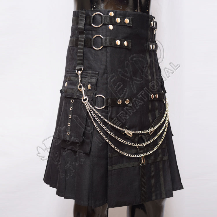 Black Gothic Stylish With Chains Tactical Webbing Utility Kilt