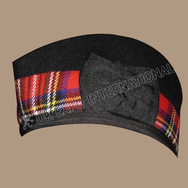 Royal Glengarry Black Hat With Stewart Tartan & Red Pom