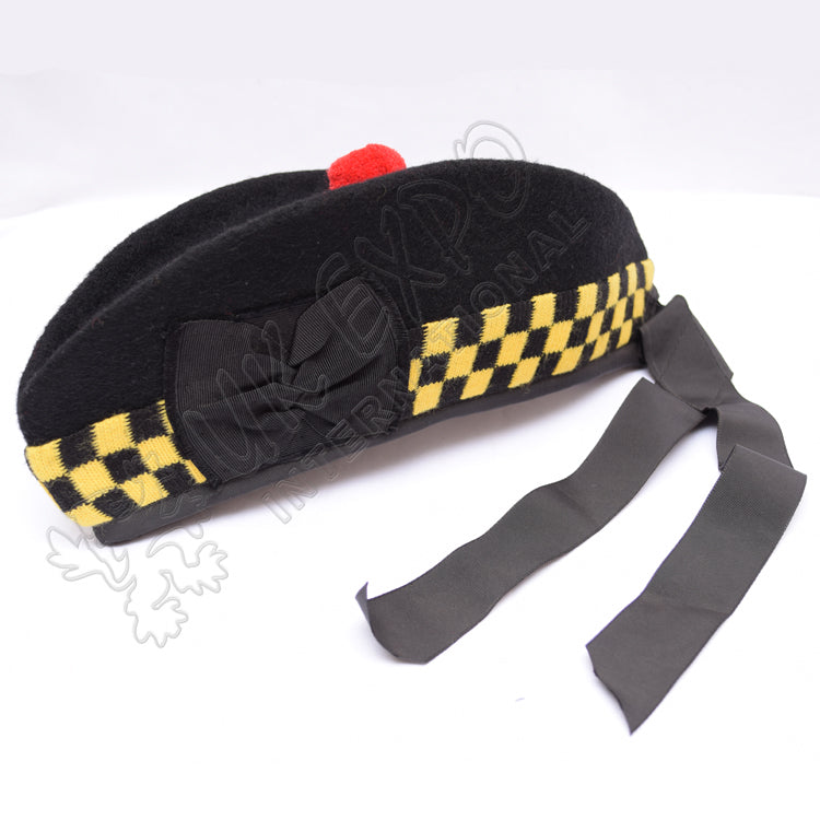 Black Glengarry Hat With Yellow Black Dicing