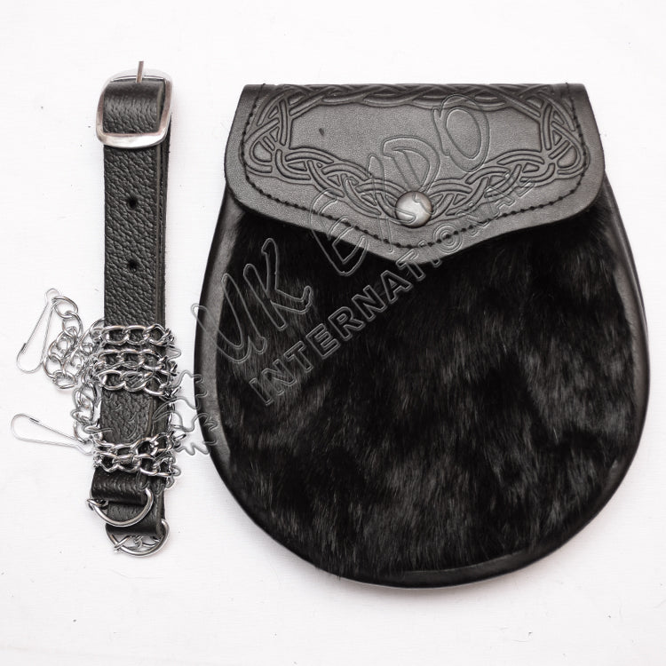 Black Goat Skin Semi-Dress Celtic Embossed Sporran