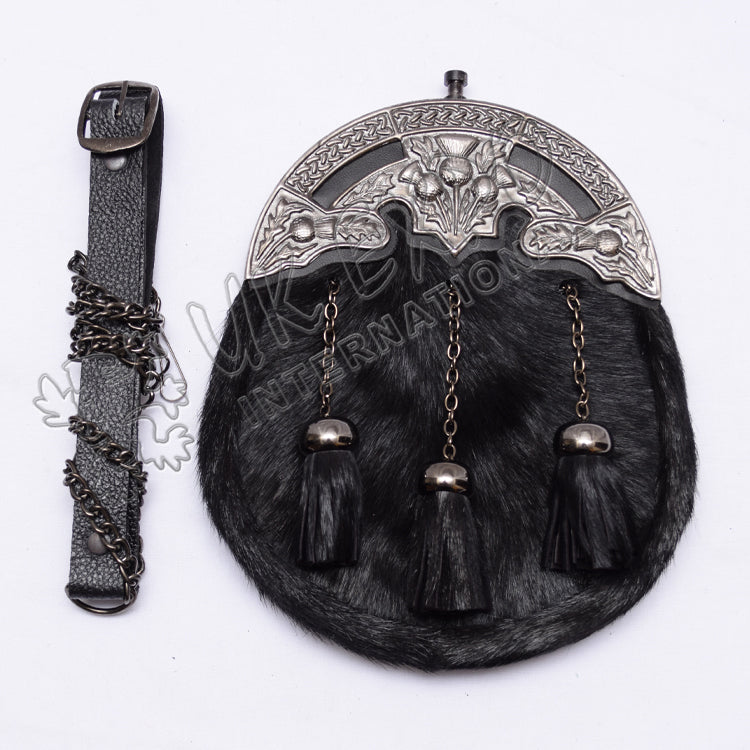 Antique Scottish Flower Black Goat Skin Sporran