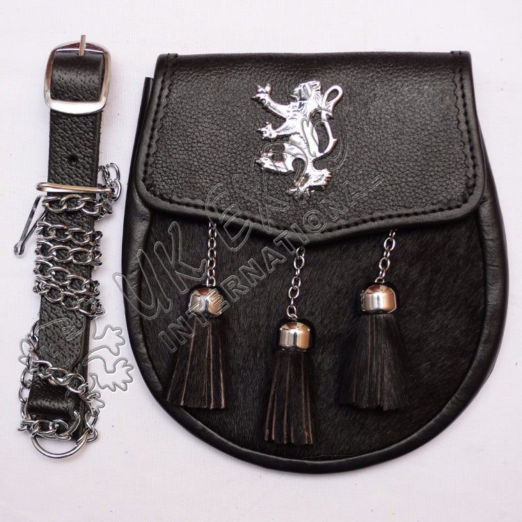 Black Leather Goat Skin Rampart Lion Sporran