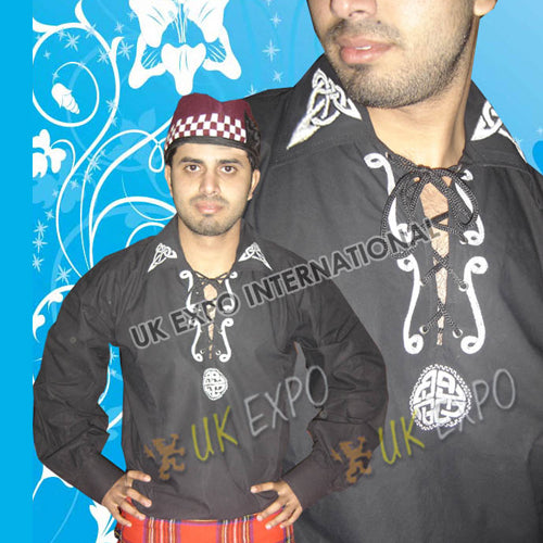 Black Jacobite Shirt Embroidered Cotton With Leather Lace