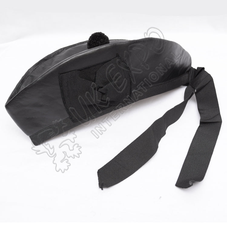 Black Leather Glengarry Hat With Black Silk Rosette