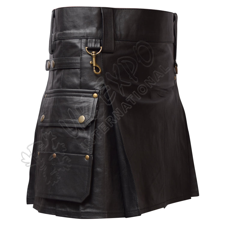 Black Leather Warrior Kilt 4 Strap Utility Kilt