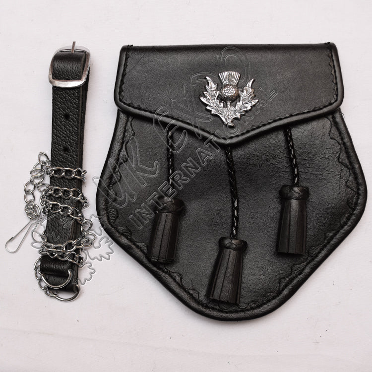 Thistle Black Leather Handmade Smart Sporran