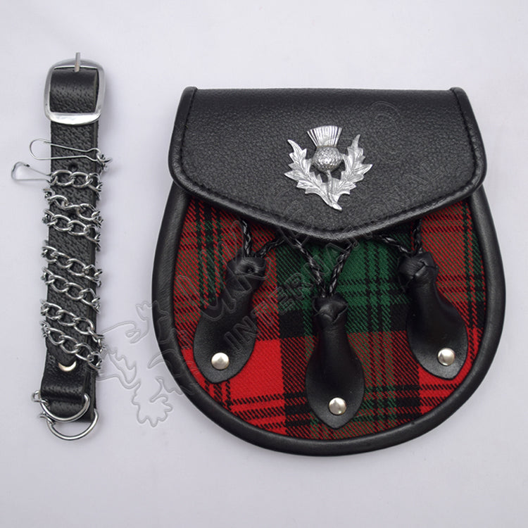 Black Leather Thistle Clan Tartan Sporran