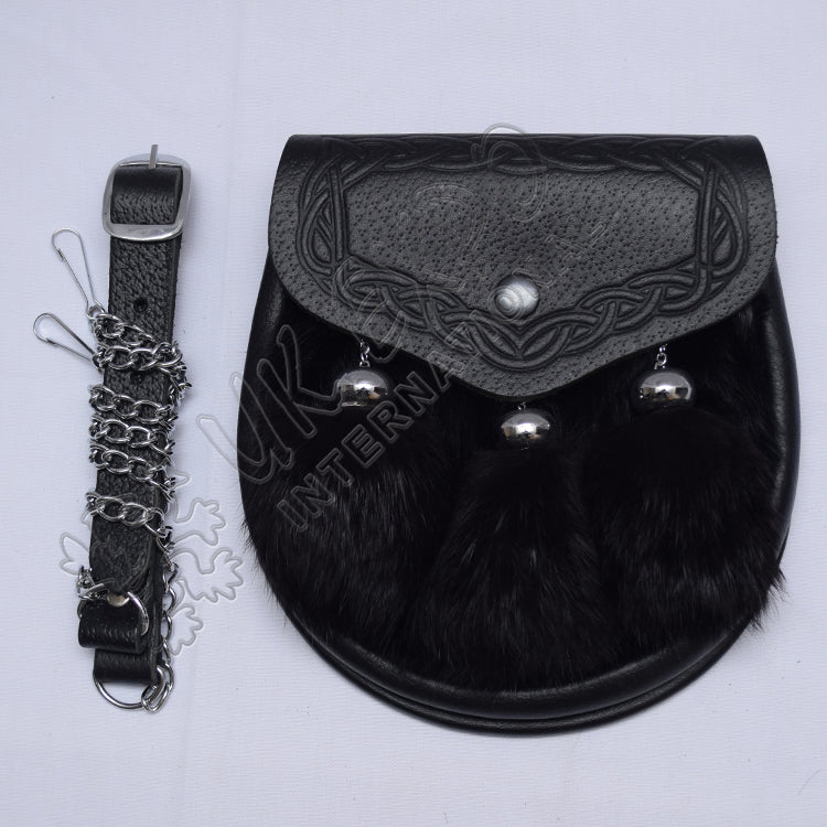 Black Rabbit Fur Sami Embossed Leather Dress Sporran
