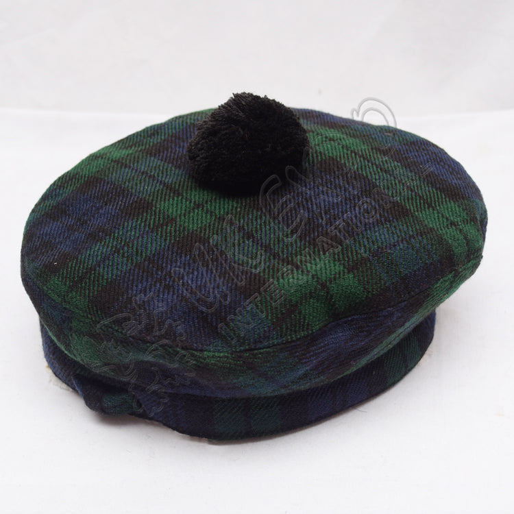 Black Watch Tartan Military Bonnet Hat with Black Pom Pom