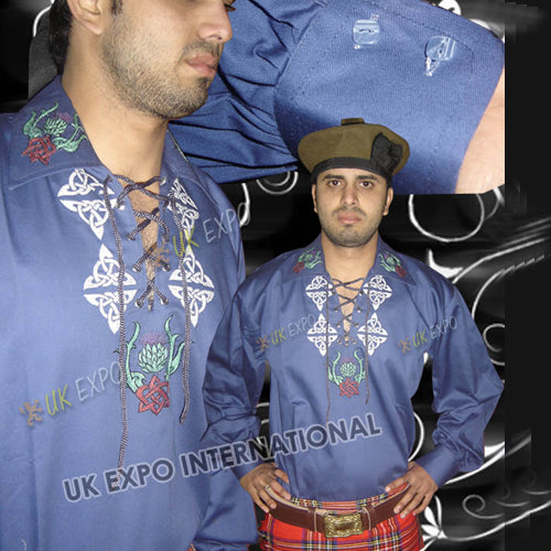 Blue Jacobite Shirt With Scottish Floral Embroidery