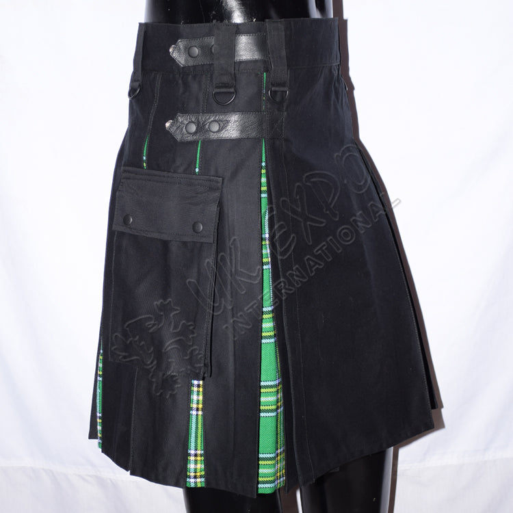 Black With Irish National Tartan Hybrid Utility Kilt