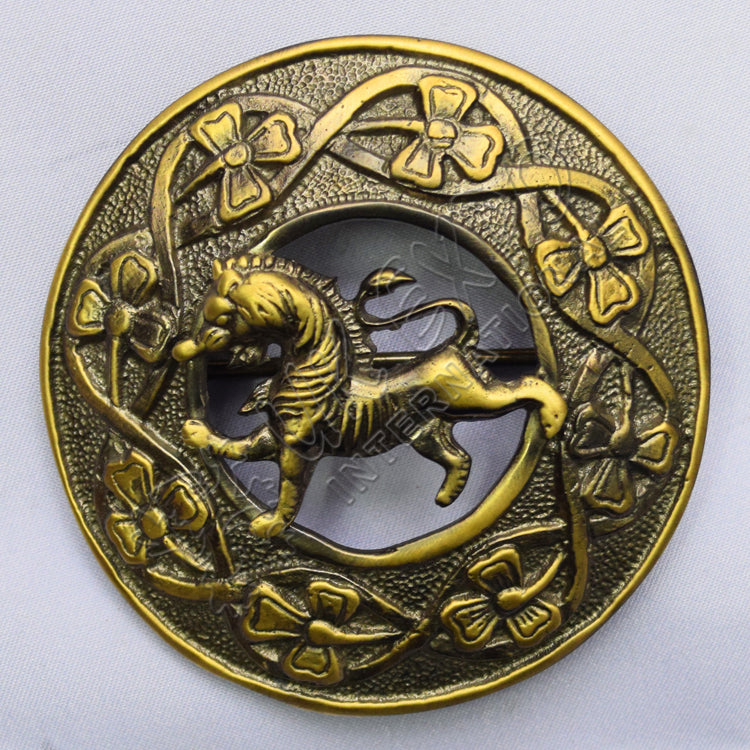 Brass Antique Shamrock knot Brooch With Rampart Lion Badge