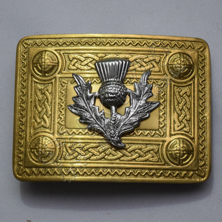 Brass Polish Celtic Design Buckle With Small Chrome Thistle