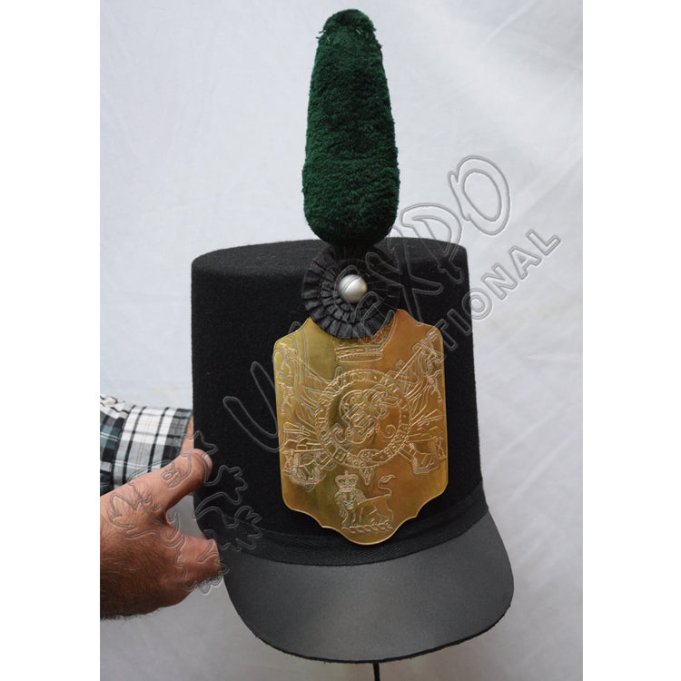 British Shako Hat Green Pom Pom Black Cockade Brass Plate Military Ceremonial Hat