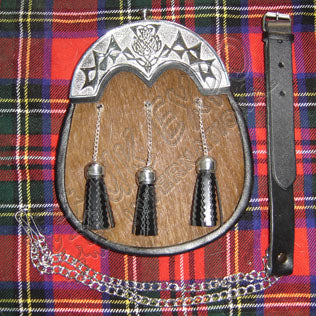Scottish Brown Goat Skin Trim Black Leather Sporran