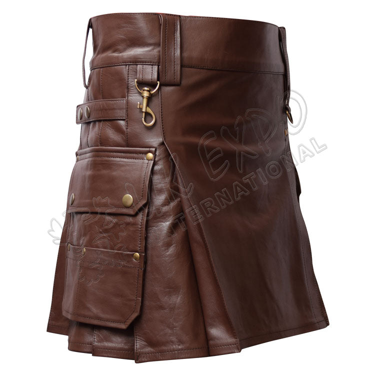 Brown Leather Warrior Kilt 4 Strap Utility Kilt